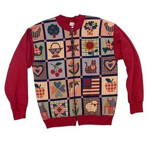 🍎 Vintage Cottage core granny Core Zip Up Sweater Jacket‎ SZ large ~ Americana